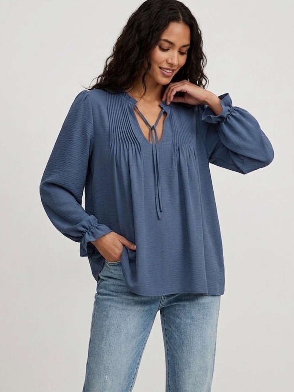 NWOT Torrid Boho Dusty Blue Pleated Flowy Peasant Blouse Ruffle Cuff Long Sleeve